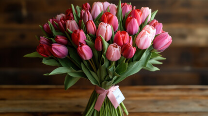 Obraz premium beautiful bouquet of pink and red tulips tied with ribbon, expressing love and joy