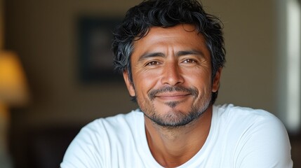 Fototapeta premium portrait of adult Hispanic softly smiling man is 45 years old with beard wearing white T-shirt at home