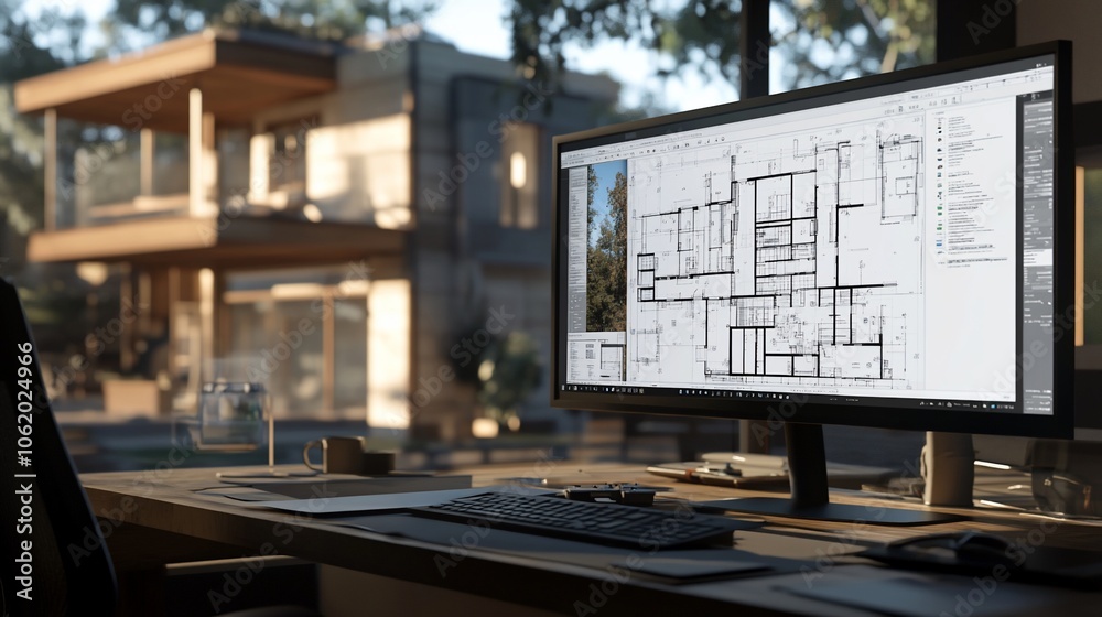 Poster A computer monitor displays a blueprint for a home with a window view of a home in the background.