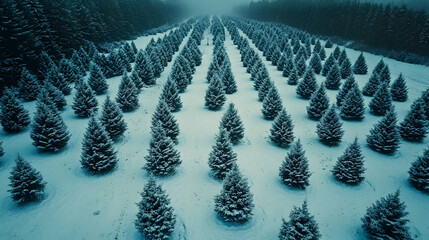 Snow-covered Christmas tree farm with rows of trees under a winter sky, capturing the beauty and tranquility of the season
