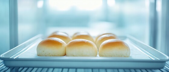 Golden-Brown Buns Cooling in Refrigerator: A close-up shot of freshly baked, golden-brown buns cooling on a baking tray inside a refrigerator, showcasing their soft texture and inviting aroma.