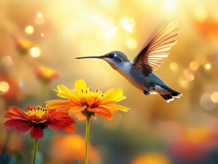 Fototapeta premium Hummingbird in flight near colorful flowers