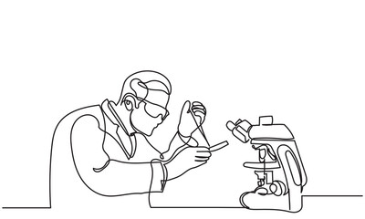 Continuous line drawing of male Scientist Using Microscope.Medical Development Research Laboratory.A young man researcher working in the lab, with test tube research.Healthcare and medicine concept 