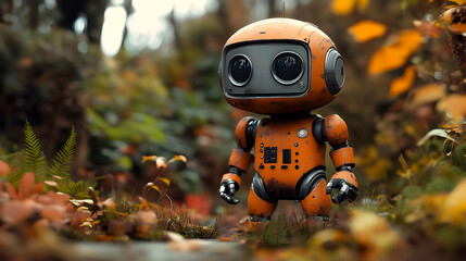 Rusty Robot in Autumn Forest 3D Illustration