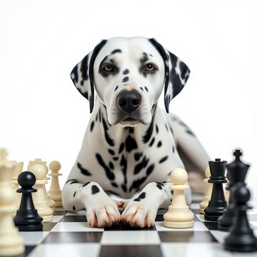 Dalmatian dog on a black and white chessboard looking straight to you | The winner takes it all