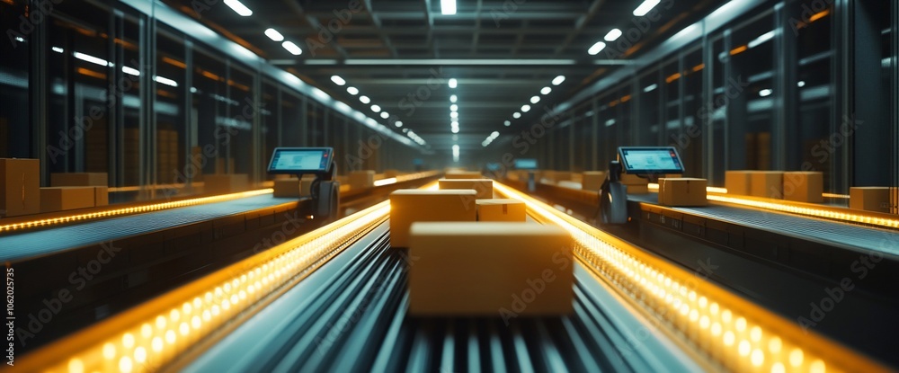 Poster a conveyor belt system in a warehouse with boxes moving along the line.