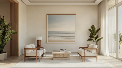 Fototapeta premium Modern Living Room Interior Design with Ocean View Artwork and Natural Light