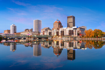 Rochester, New York, USA on the Genesee River at blue hour.