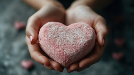 Fototapeta premium Close up of delicate hands holding heart shaped object, symbolizing love and care