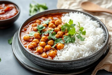 A bowl of Kala Chana Masala, a popular Indian dish made with black chickpeas, is served on a gray plate