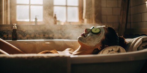Woman Enjoying Spa Day with Cucumber Mask in Bath