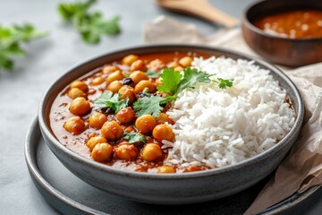A bowl of Kala Chana Masala, a popular Indian dish made with black chickpeas, is served on a gray plate