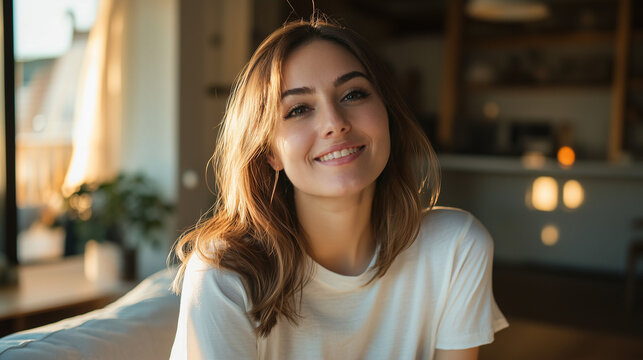 Smiling Woman Relaxing in a Bright and Minimalist Kitchen Interior with Soft Lighting and Warm Homey Decor