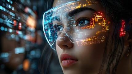 Digital Reality:  A Woman Wearing a VR Headset