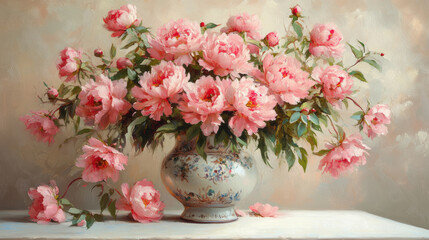 beautiful bouquet of pink peonies in vintage vase on white table, delicate and romantic floral arrangement