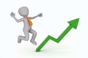 3d man red arrow success chart on white background.