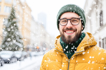 Fototapeta premium A man wearing a yellow jacket and a green hat is smiling in the snow