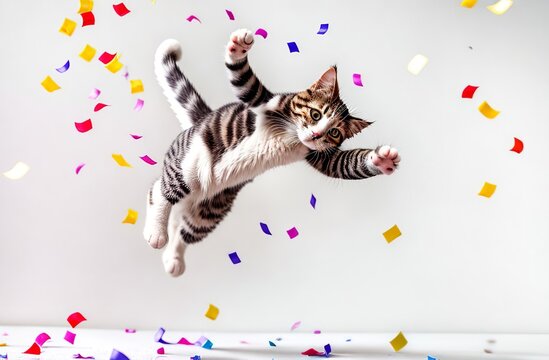 Funny cat jumping under exploding confetti. Golden glitter of a festive firecracker. White background. A banner for a sale or advertisement. Fun concept with a pet. Cute kitten having a party.