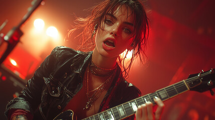 Obraz premium A musician performing on stage with a guitar, holding the instrument passionately: The musicianâs five-fingered hand grips the guitarâs neck, strumming the strings with energy. The