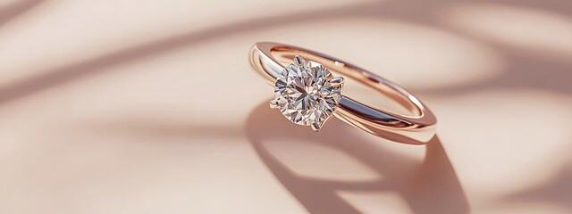 A minimalist product shot of an engagement ring with a rose gold band and round diamond, centered on a soft pastel background.