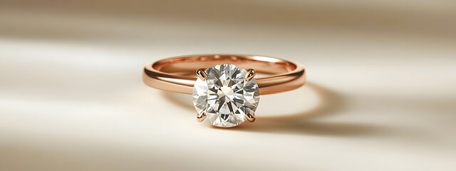 A minimalist product shot of an engagement ring with a rose gold band and round diamond, centered on a soft pastel background.