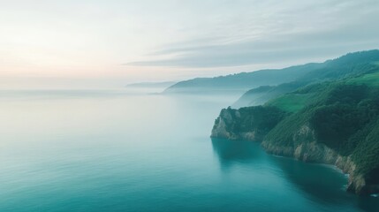 Fototapeta premium A beautiful blue ocean with a mountain in the background. The sky is clear and the water is calm