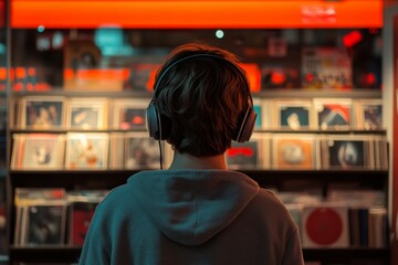 Obraz premium Man with back turned looking at bookshelves in library listening to music wearing headphones, working