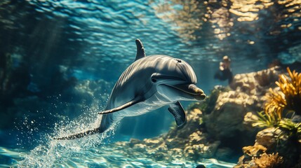 Obraz premium A dolphin leaps out of the water with a playful smile, surrounded by coral and a diver in the background.