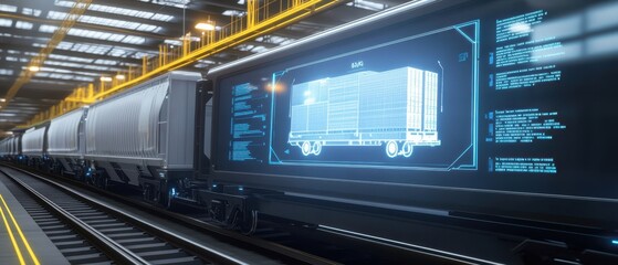 Obraz premium A futuristic train cargo system featuring a digital interface, showcasing a cargo container with illuminated data and analytics in a modern facility.