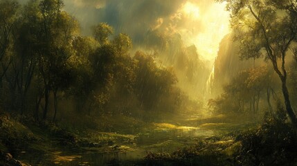 Obraz premium Golden sunlight breaking through the clouds after a heavy rainstorm, illuminating a lush green landscape with small puddles