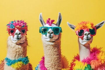 Creative animal concept. Group of lama in funky Wacky wild mismatch colourful outfits on bright background advertisement, copy space. birthday party invite invitation banner 