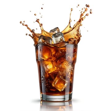 Fototapeta Ice cubes splashing into a glass of cola, creating a dynamic brown liquid splash against white background.