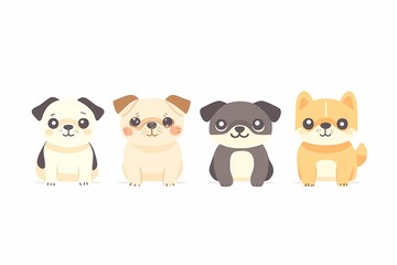Cute dogs and puppies. Cartoon different breeds pet. Funny doggy characters. Happy friendly canine animals. Pug, corgi, poodle, husky and poodle