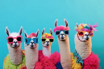 Creative animal concept. Group of lama in funky Wacky wild mismatch colourful outfits on bright background advertisement, copy space. birthday party invite invitation banner