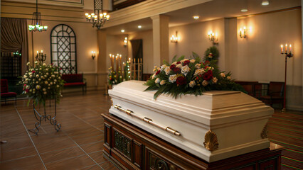 Elegant white coffin with floral arrangements in a beautifully decorated funeral home setting