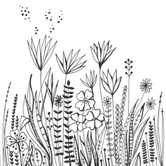 Beautiful hand drawn black and white botanical ornament with flowers and herbs. Wonderful summer illustration.