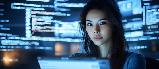 The integration of technology and human expertise in software development is presented by a young Asian woman programmer in front of an LCD screen with code projected