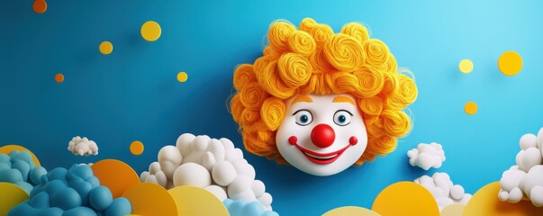 A whimsical clown design with bright colors and playful clouds, perfect for children's events, entertainment, and promotional materials.