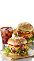 Fast food meal with two cheeseburgers, Cola, and ketchup dips on brown paper.