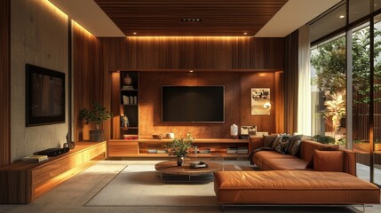 Fototapeta premium High-quality 3D interior rendering of a modern living room with realistic textures