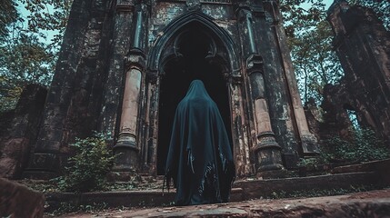 Naklejka premium Mysterious Cloaked Figure in Abandoned Architecture