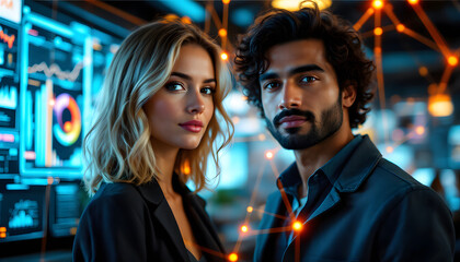 Two professionals stand confidently in a high-tech environment, surrounded by glowing data visualizations and futuristic digital interfaces.
