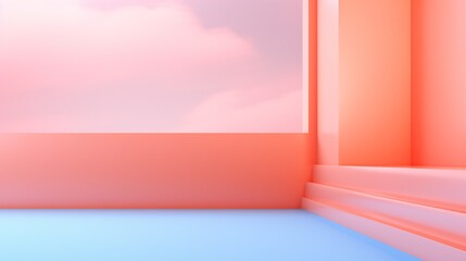 Minimalist pastel pink and blue room with steps and window.
