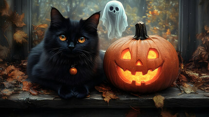 Black Cat and Jack-o'-Lantern on Window Sill Illustration