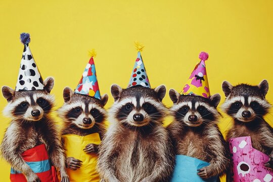 Creative animal concept. Group of racoons in funky Wacky wild mismatch colourful outfits on bright background advertisement, copy space. birthday party invite invitation banner 
