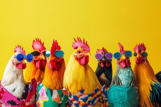 Naklejki Creative animal concept. Group of chicken in funky Wacky wild mismatch colourful outfits on bright background advertisement, copy space. birthday party invite invitation banner