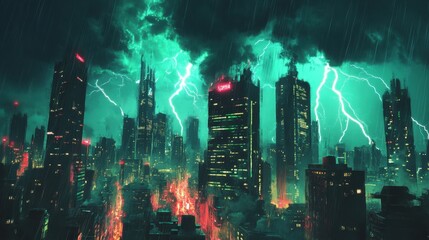 Fototapeta premium Intense thunderstorm over a cityscape, lightning bolts flashing across the sky, casting light on dark buildings below