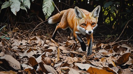 Naklejka premium A Red Fox Walking Through Autumn Leaves in the Forest