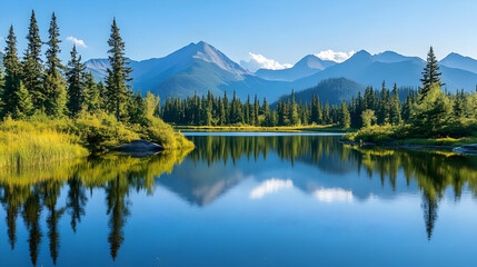 A serene mountain lake with crystal-clear reflections of snow-capped peaks and lush green trees under a bright blue sky.