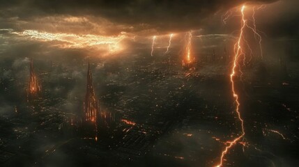 Intense thunderstorm over a cityscape, lightning bolts flashing across the sky, casting light on dark buildings below